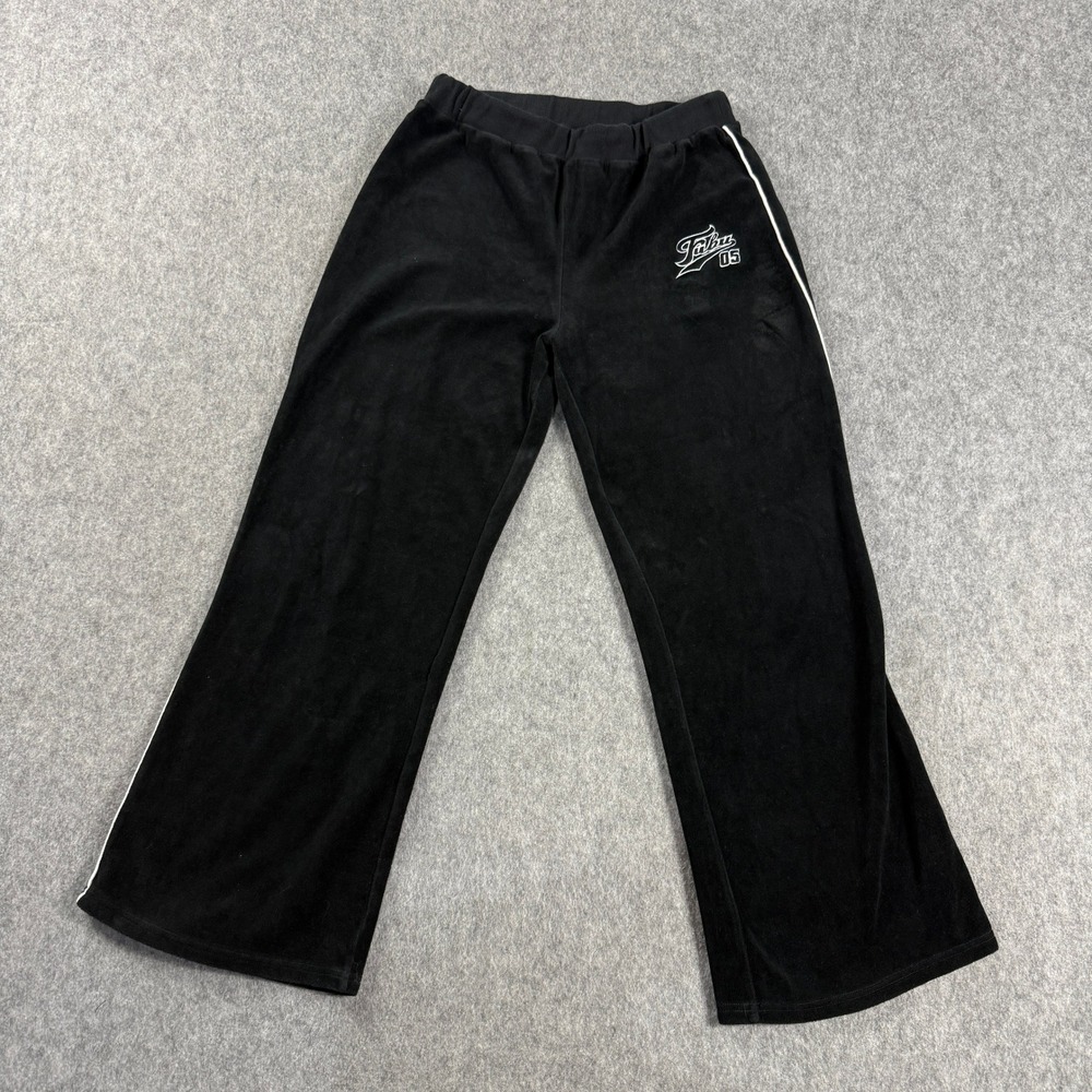 Forever 21 x Fabu Womens Large Black Velour Wide Leg Track Pants Side Stripe Y2K